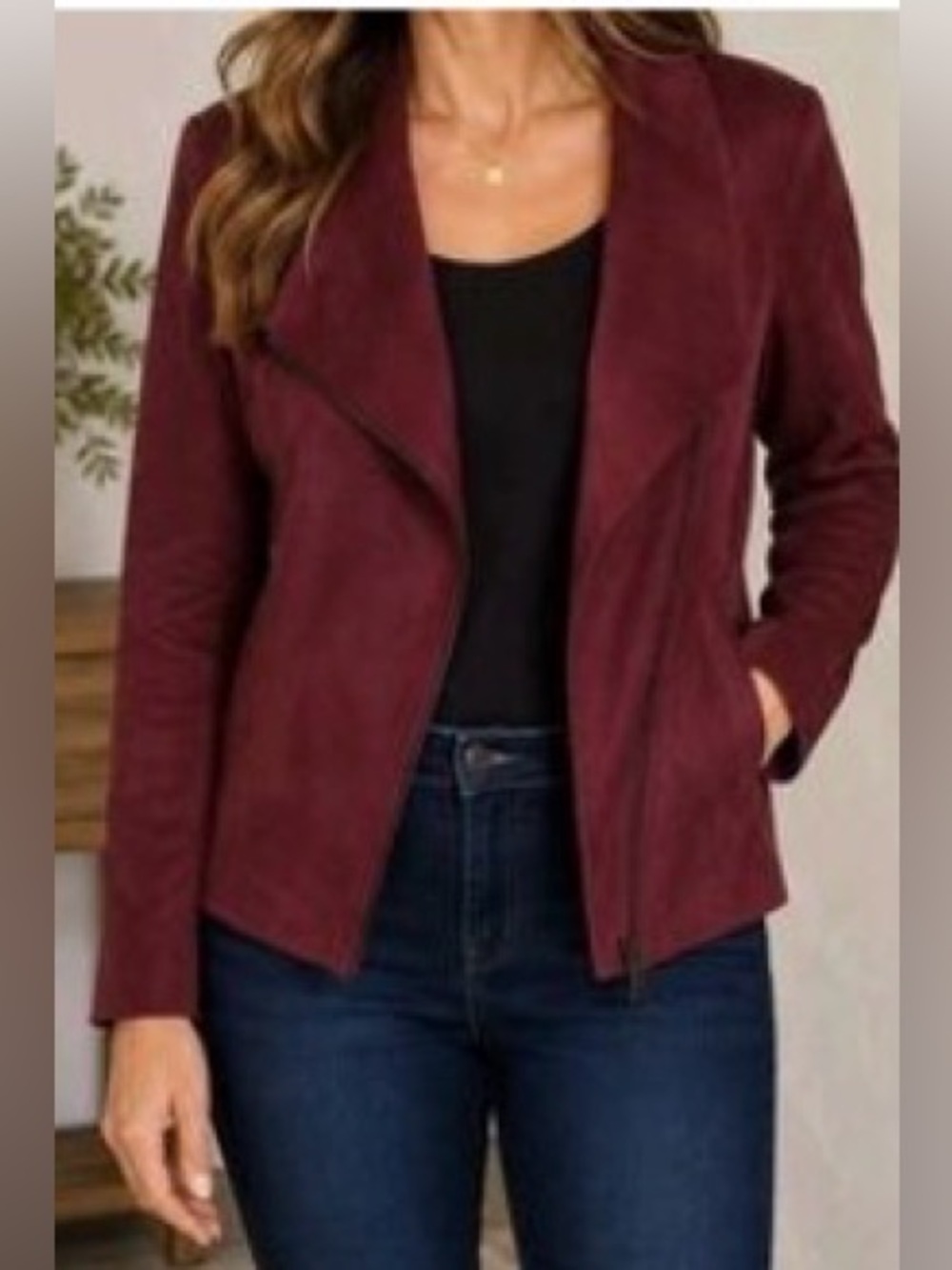Kut From The Kloth Carina Faux Suede Moto Jacket, asymmetrical zipper Burgundy M